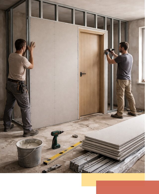 Перегородка из гипсокартона с дверью под ключ в Кумертау