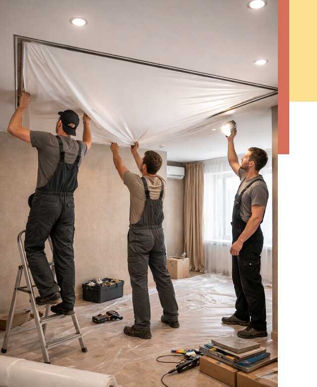 Монтаж ПВХ натяжного потолка в Кумертау от 3573 руб. под ключ | ОТДЕЛОЧНИК-Кра