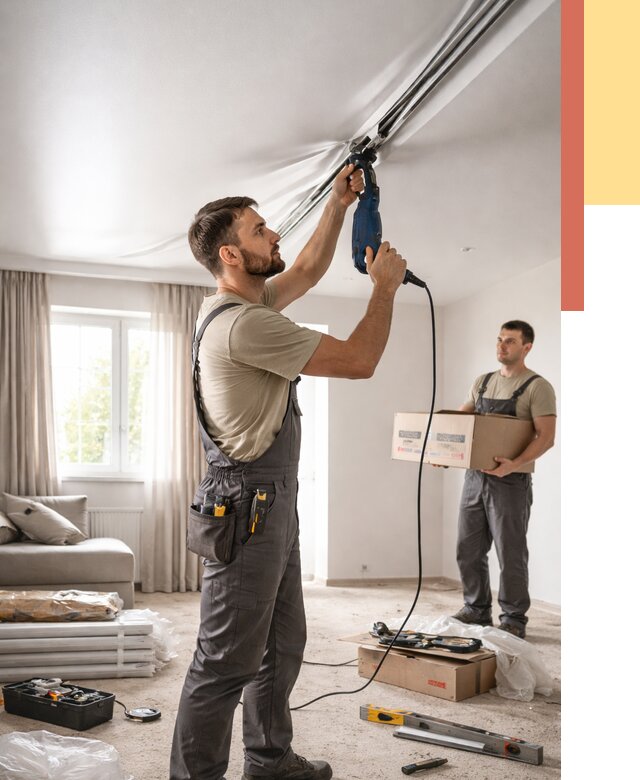 Монтаж сатинового натяжного потолка в Кумертау от 3573 руб. | Быстро, недорого — ОТДЕЛОЧНИК-Кра