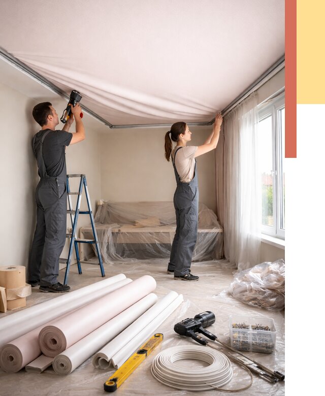 Монтаж цветного натяжного потолка в Кумертау от 4288 руб/м² — быстро и недорого | ОТДЕЛОЧНИК-Кра