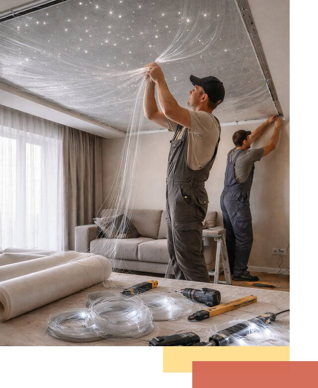 Монтаж натяжного потолка «Звездное небо» в Кумертау