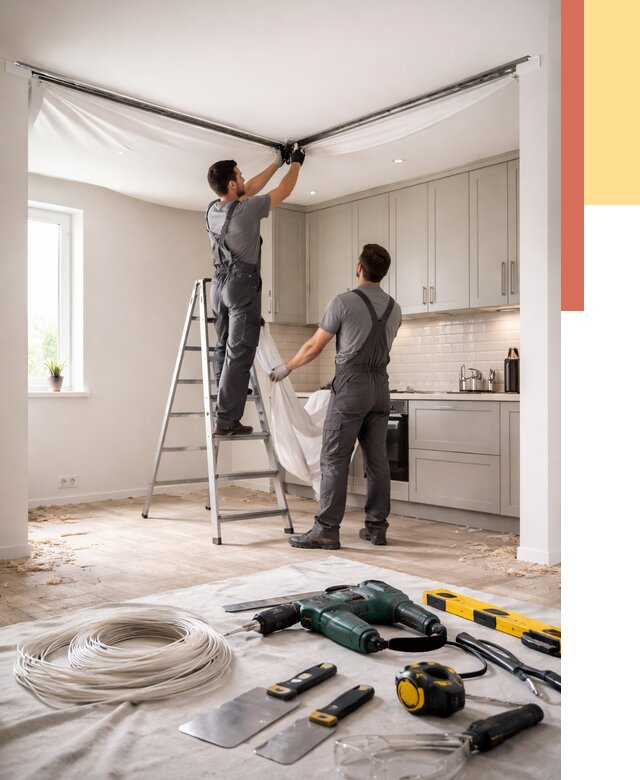 Установка натяжного потолка на кухне в Кумертау от 2450 руб. | ОТДЕЛОЧНИК-Кра