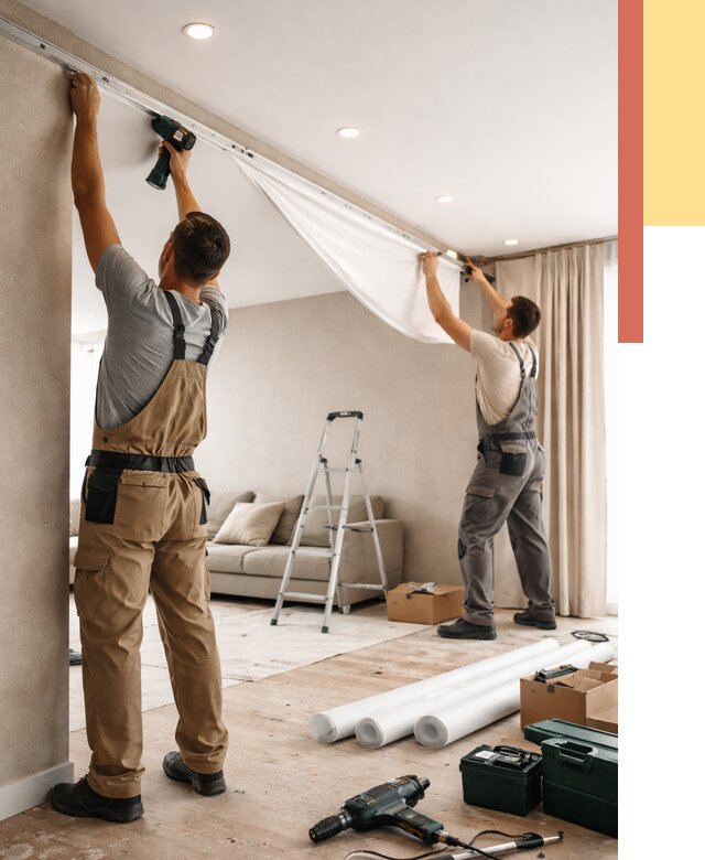 Монтаж натяжного потолка в гостиной в Кумертау от 561 руб. | ОТДЕЛОЧНИК-Кра